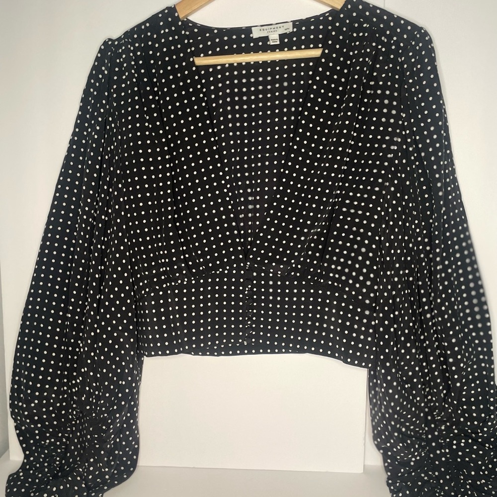 Equipment Polka Dot V-Neck Black Blouse - 100% silk
